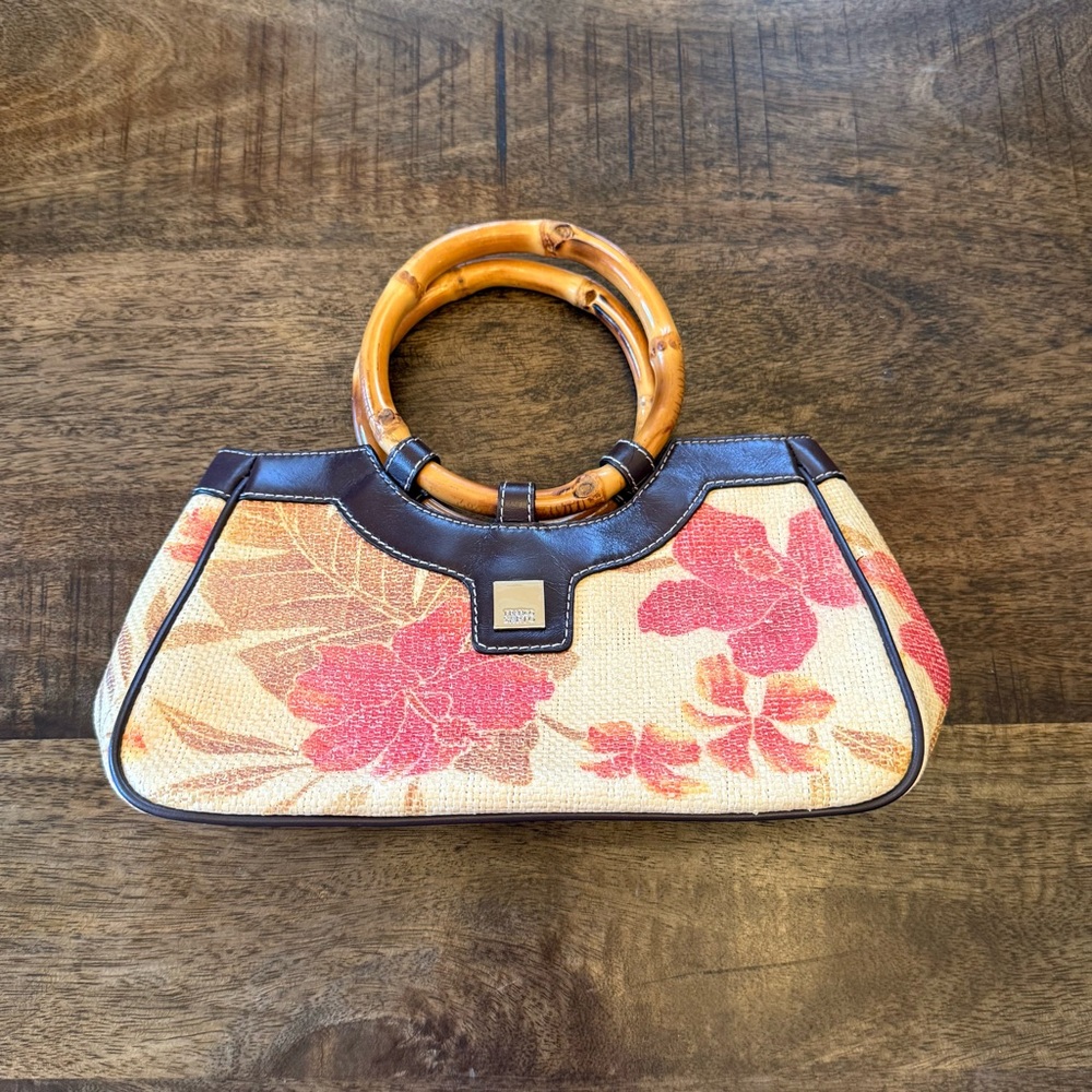 Franco Sarto Cream and Pink Clutch with Bamboo Handle